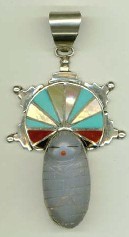 Angelite Carved Corn Maiden Pendant With Turquoise, Mother-of-Pearl, and Jet